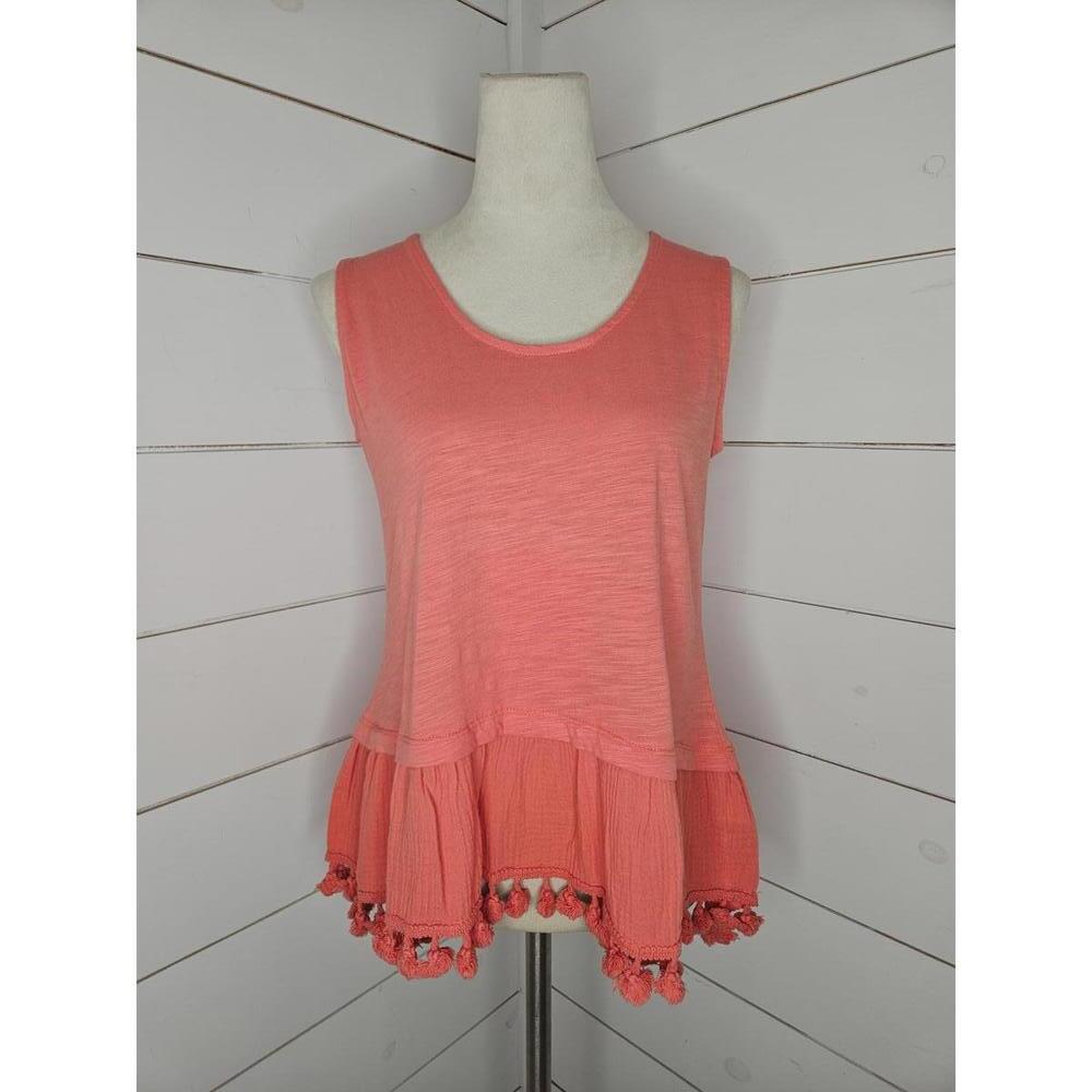 NWT Heimish small pink peach sleeveless peplum tee shirt with pom poms